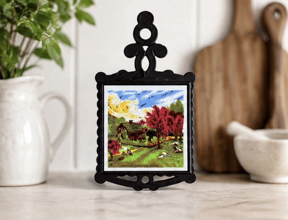 Cast Iron Trivet Ceramic Tile American Homestead Spring Farmhouse 9” Vintage
